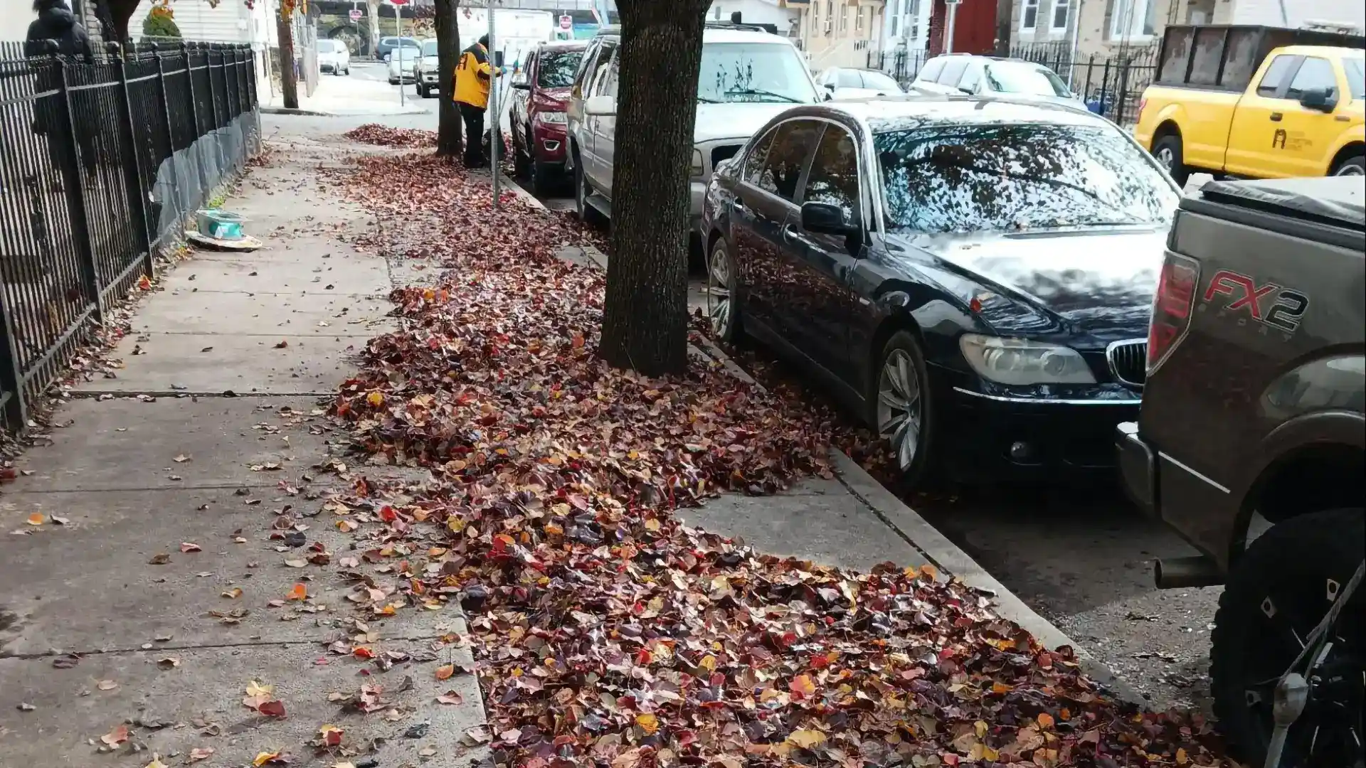 A pile of leaves covering the sidewalk.