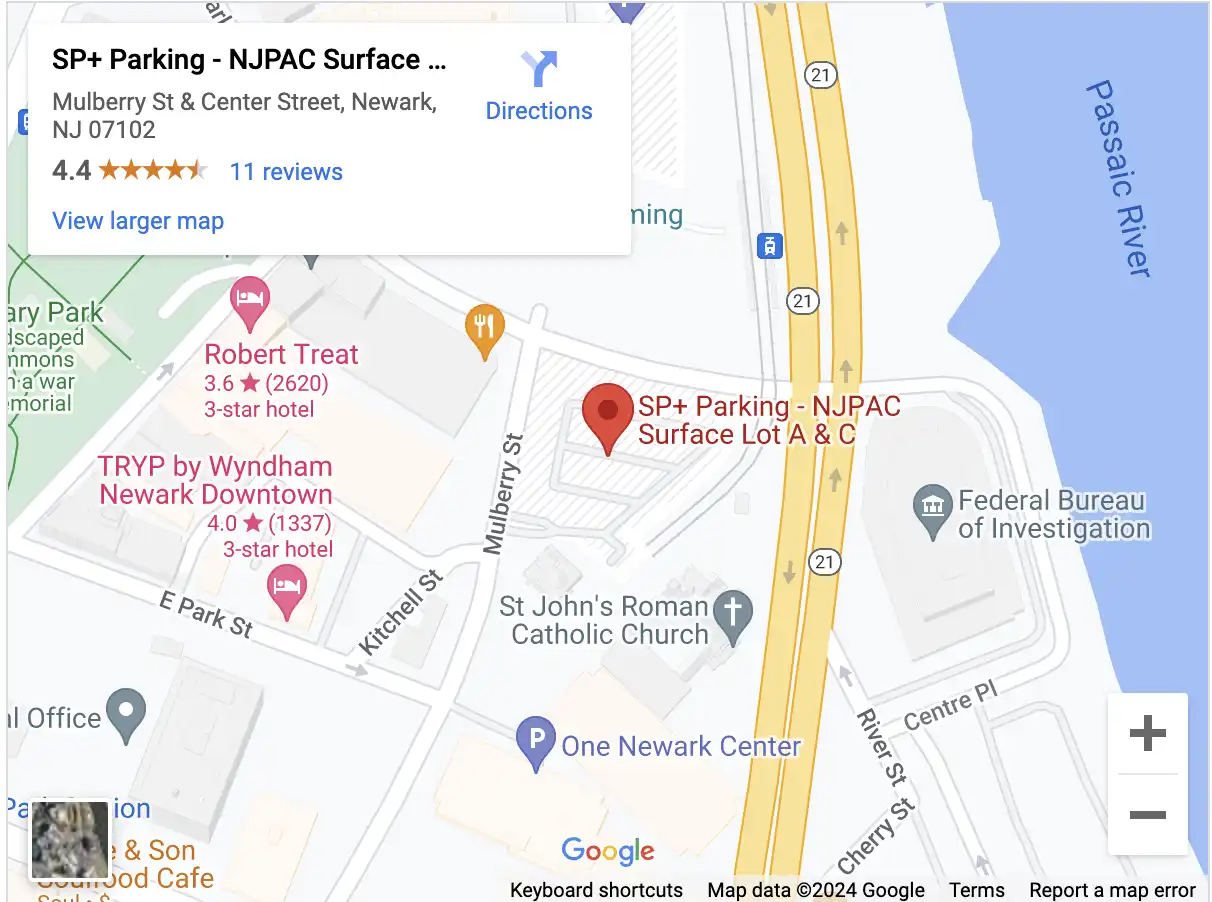 Google Map embed SP+ Parking - NJPAC