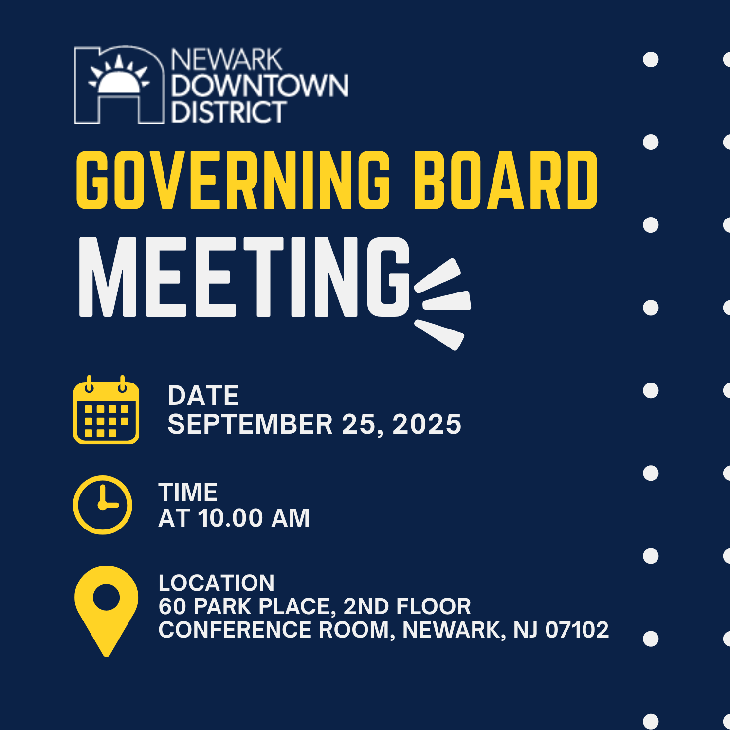 Governing Board Meeting Governing Board Meeting - September 25, 2025 - 10 am - 60 Park Place, 2nd Floor Conference Room, Newark, NJ 07102